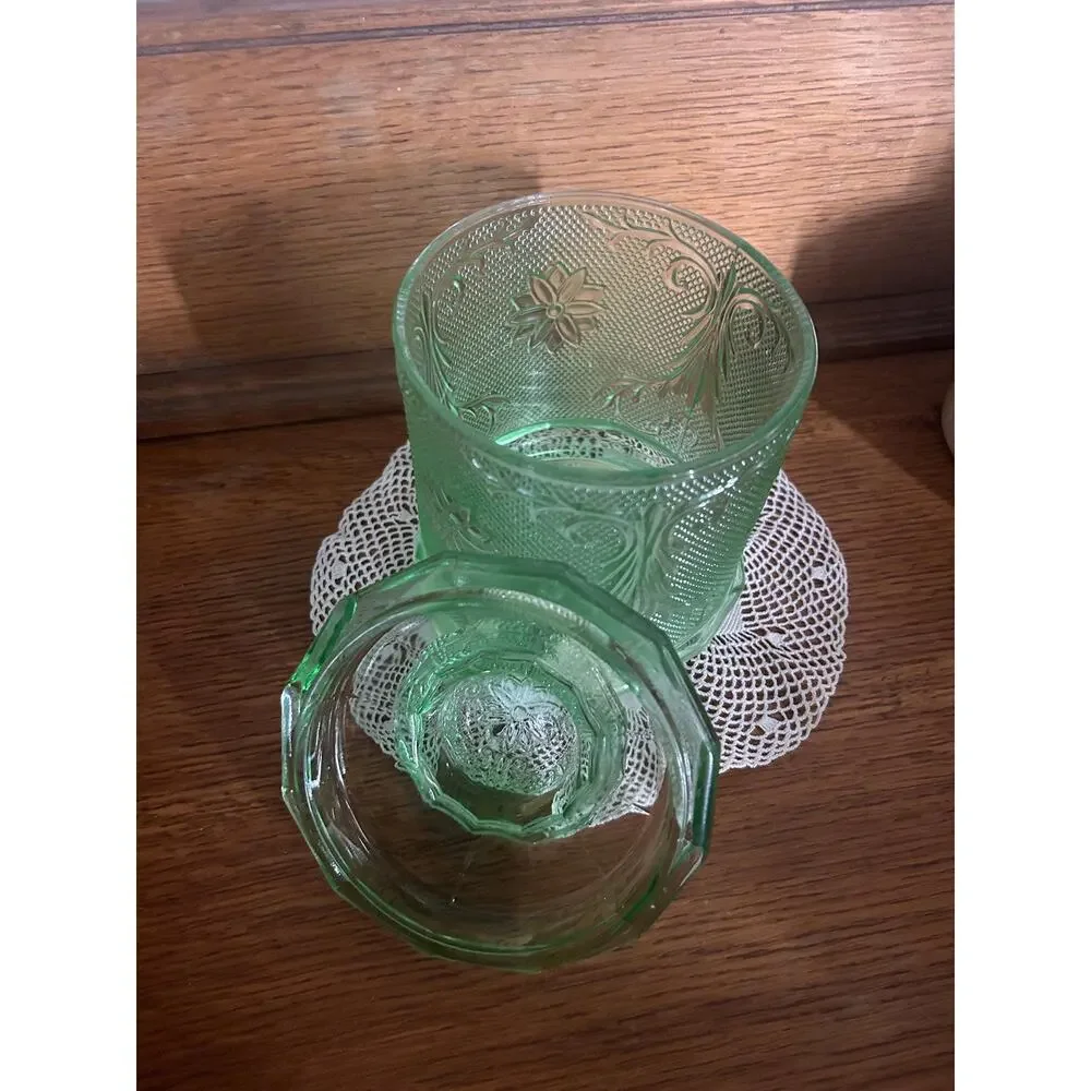 Vintage Tiara Exclusives Chantilly Green Sandwich Glass Canister with Lid